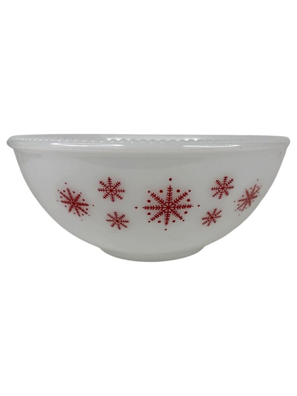 VTG McKee Bowl White Milk Glass‎ Red Snowflakes Punch Mixing Serving Beaded Edge